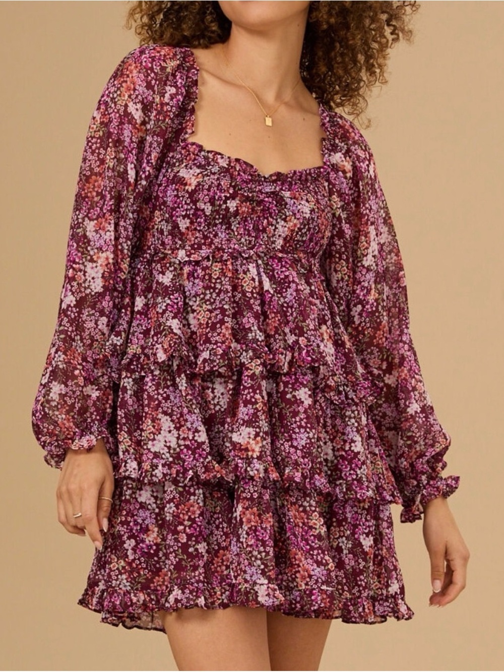 Altar'd State Purple Floral Tiered Long-Sleeve Mini Dress